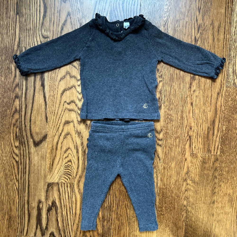 Petit Bateau Gray Ribbed Knit Sweater Pant Set